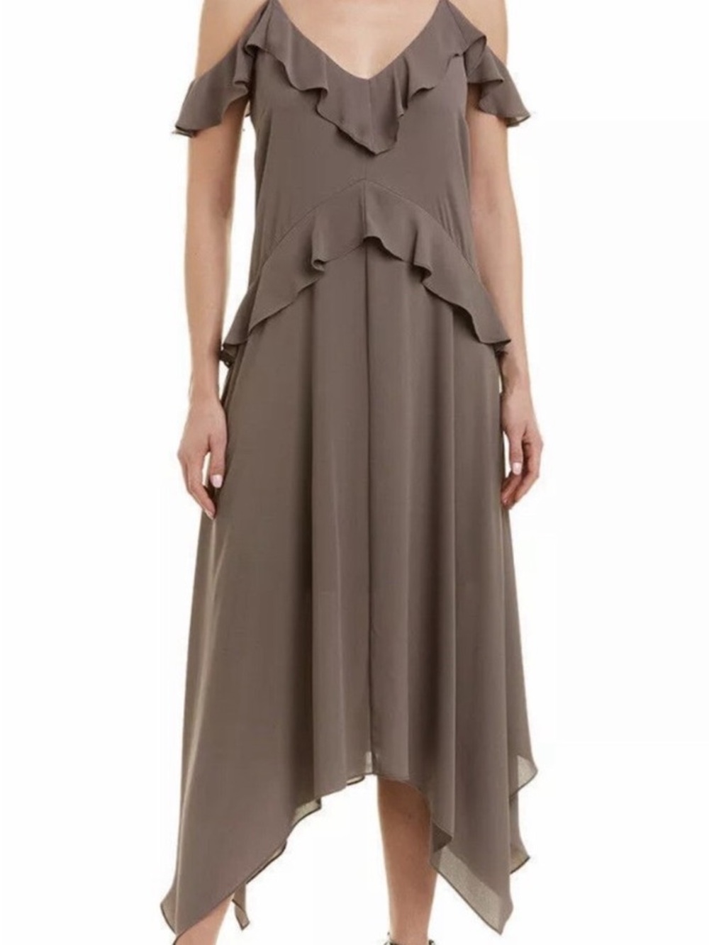 BCBGMaxAzria Taupe Ruffle Midi Dress